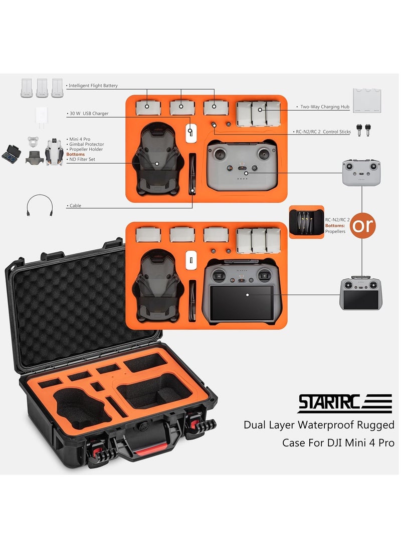 STARTRC Mini 4 Pro Waterproof Hard Case - Secure Carrying Bag for DJI Mini 4 Pro Fly More Combo Drone Accessories - Sturdy and Water-Resistant Storage for DJI RC 2/RC-N2, Black + Orange, Mini4pro-03