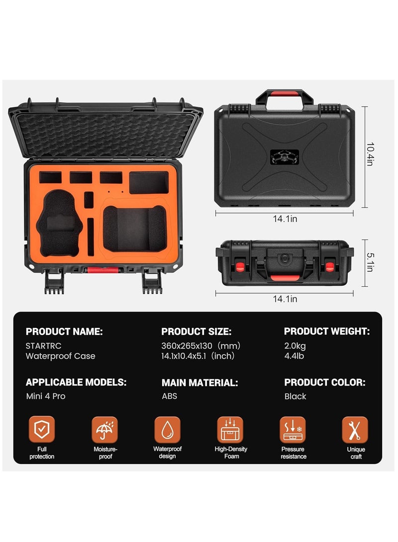 STARTRC Mini 4 Pro Waterproof Hard Case - Secure Carrying Bag for DJI Mini 4 Pro Fly More Combo Drone Accessories - Sturdy and Water-Resistant Storage for DJI RC 2/RC-N2, Black + Orange, Mini4pro-03