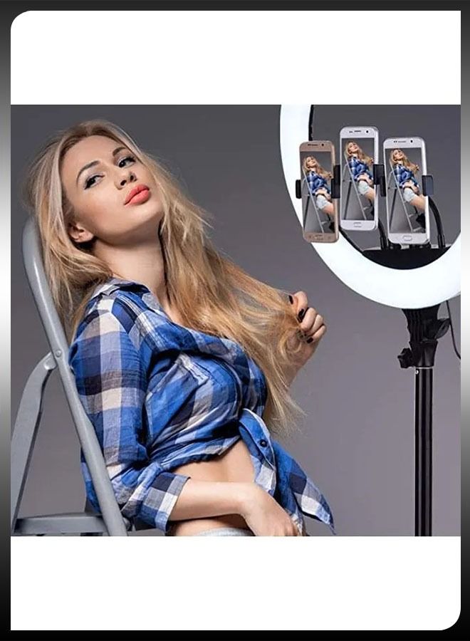 18 inch Dimmable Circle LED Studio Selfie Ring Light With 2.1 Meter Tripod Stand Remote And 3 Mobile Phone Holders For Makeup Camera Photography YouTube Video Shoot TikTok Vlog Live Stream Compatible