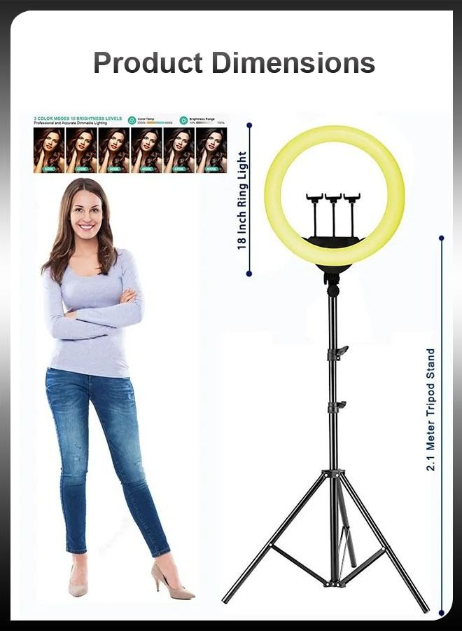 18 inch Dimmable Circle LED Studio Selfie Ring Light With 2.1 Meter Tripod Stand Remote And 3 Mobile Phone Holders For Makeup Camera Photography YouTube Video Shoot TikTok Vlog Live Stream Compatible