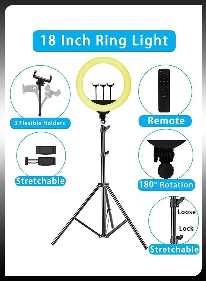 18 inch Dimmable Circle LED Studio Selfie Ring Light With 2.1 Meter Tripod Stand Remote And 3 Mobile Phone Holders For Makeup Camera Photography YouTube Video Shoot TikTok Vlog Live Stream Compatible