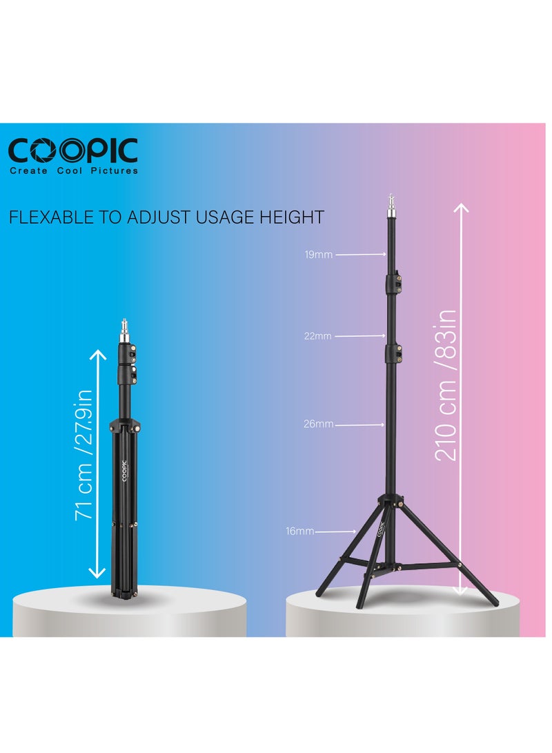 COOPIC 2pcs L210 Adjustable Lightweight Sturdy Aluminum Tripod Stand with Maximum height 210cm / 7f / 83inch and 1/4 Screw fit for Reflectors Softboxes Lights Umbrellas etc, Max. Load 7kg Black Color