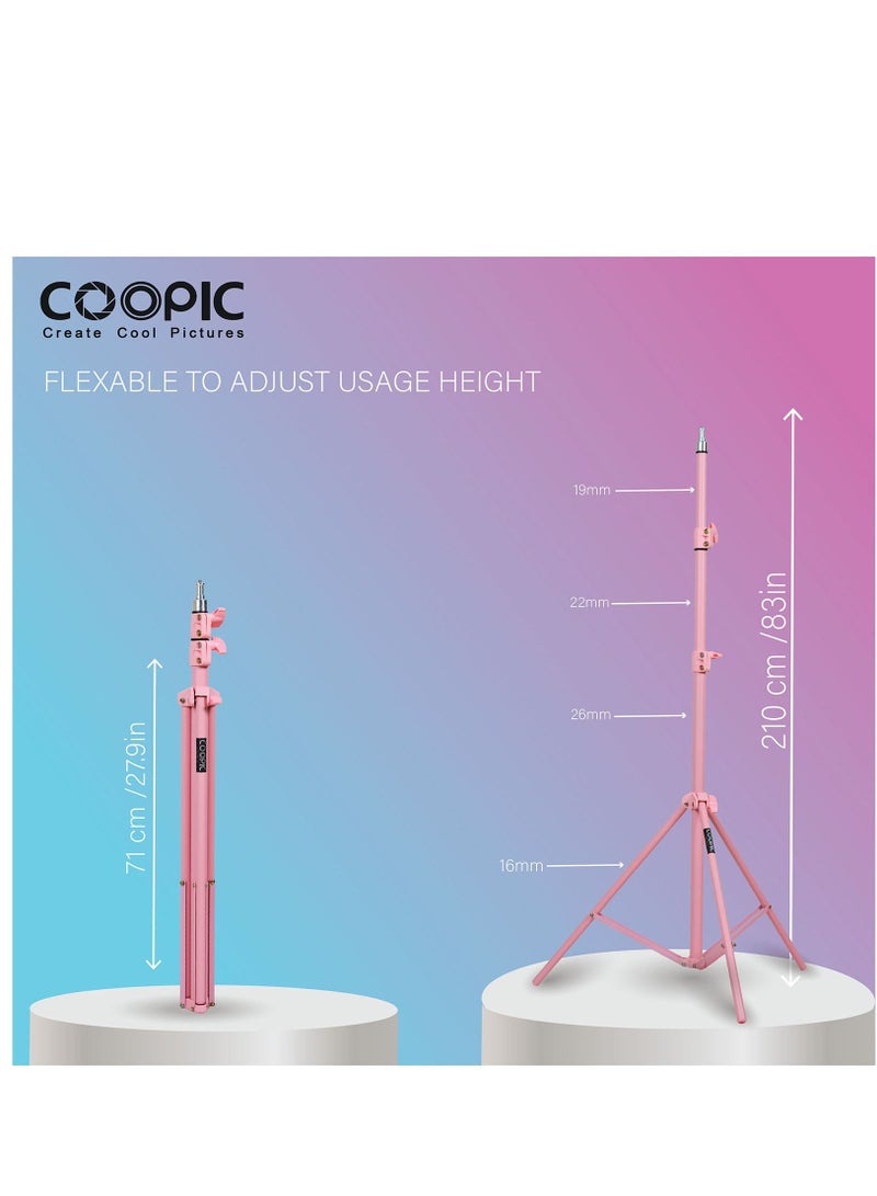 COOPIC L210 Adjustable Lightweight Sturdy Aluminum Tripod Stand with Maximum height 210cm / 7f / 83inch and 1/4 Screw fit for Reflectors Softboxes Lights Umbrellas etc, Max. Load 7kg Pink Color