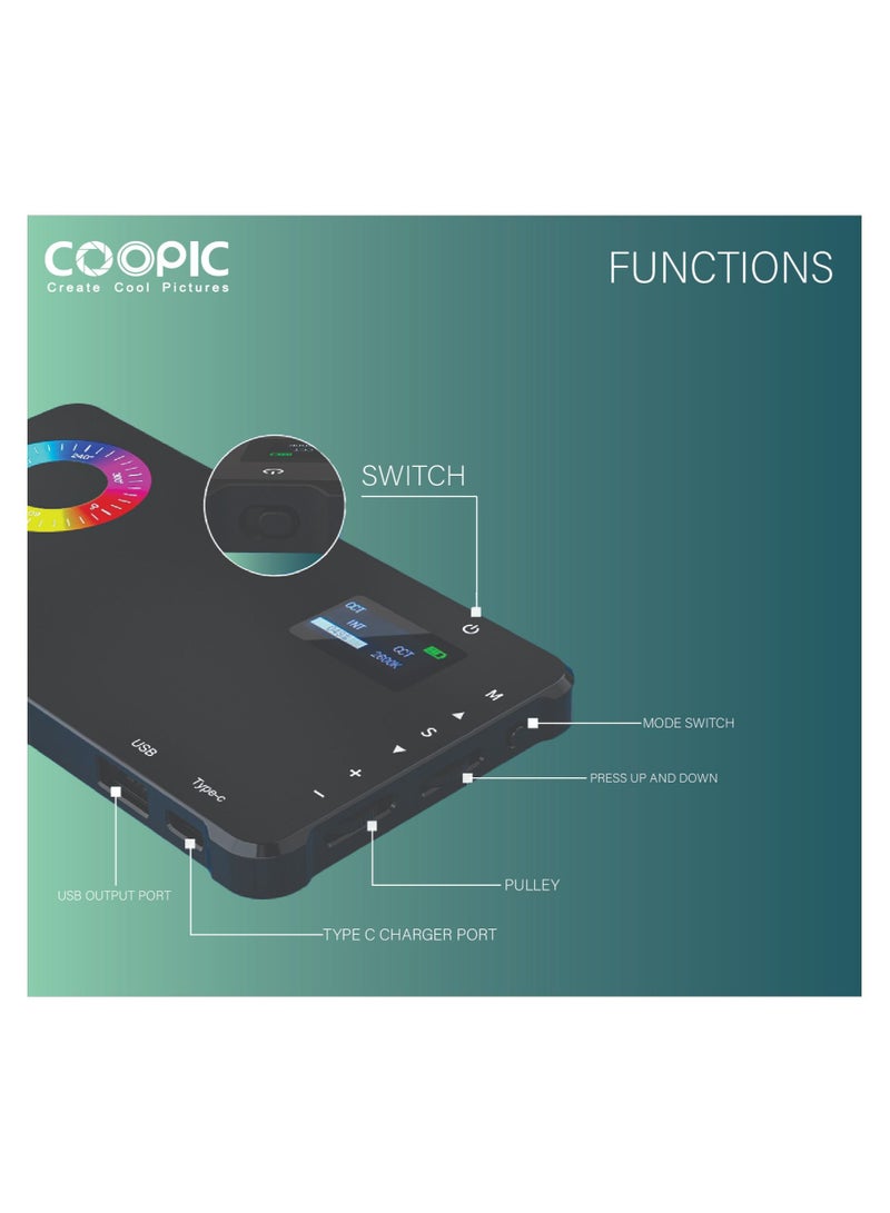 COOPIC RGB-M1 2500K-9000K LED Video Light 24 Scene Mode effects with High CRI>95 true color used for Live Streaming, wedding, interview, macro, any creative shooting, etc.