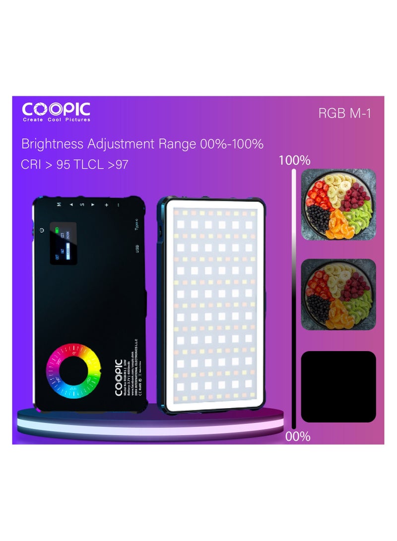 COOPIC RGB-M1 2500K-9000K LED Video Light 24 Scene Mode effects with High CRI>95 true color used for Live Streaming, wedding, interview, macro, any creative shooting, etc.