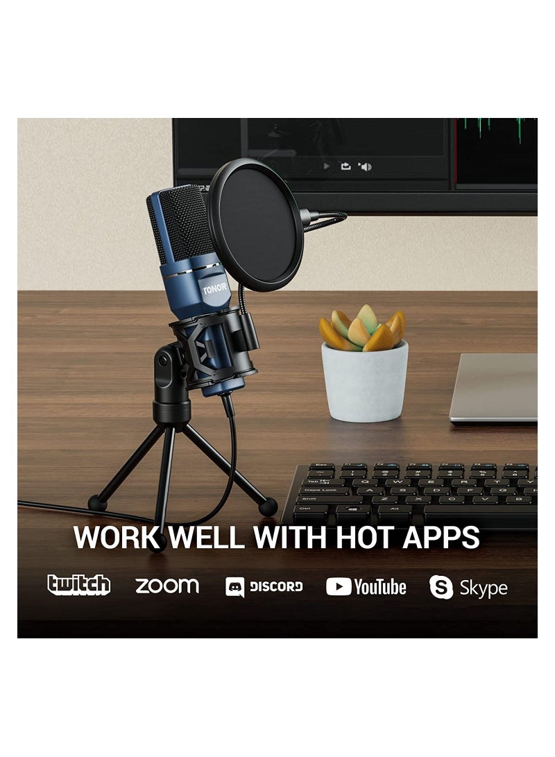 Podcast Microphone, USB Computer Microphone, Cardioid Condenser PC Mic with Tripod Stand and Pop Filter for Podcasting, Streaming, Vocal Recording, Compatible with PC & Laptop, PS4/5