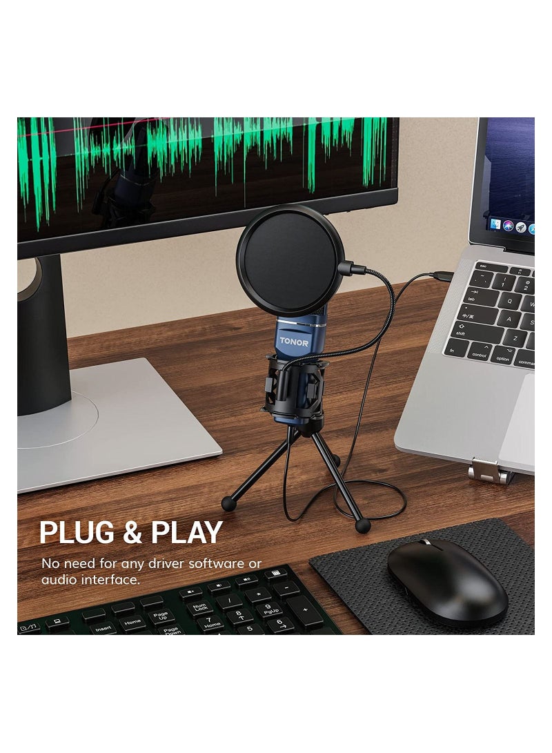 Podcast Microphone, USB Computer Microphone, Cardioid Condenser PC Mic with Tripod Stand and Pop Filter for Podcasting, Streaming, Vocal Recording, Compatible with PC & Laptop, PS4/5