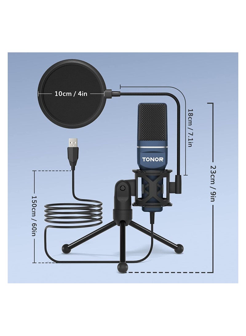 Podcast Microphone, USB Computer Microphone, Cardioid Condenser PC Mic with Tripod Stand and Pop Filter for Podcasting, Streaming, Vocal Recording, Compatible with PC & Laptop, PS4/5