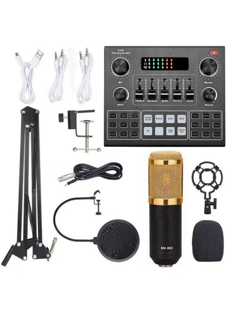 Multifunctional Live V9 Sound Card and BM800 Suspension Microphone Kit Broadcasting Condenser Microphone Set Intelligent Webcast Live Sound Card for Computers and Mobile