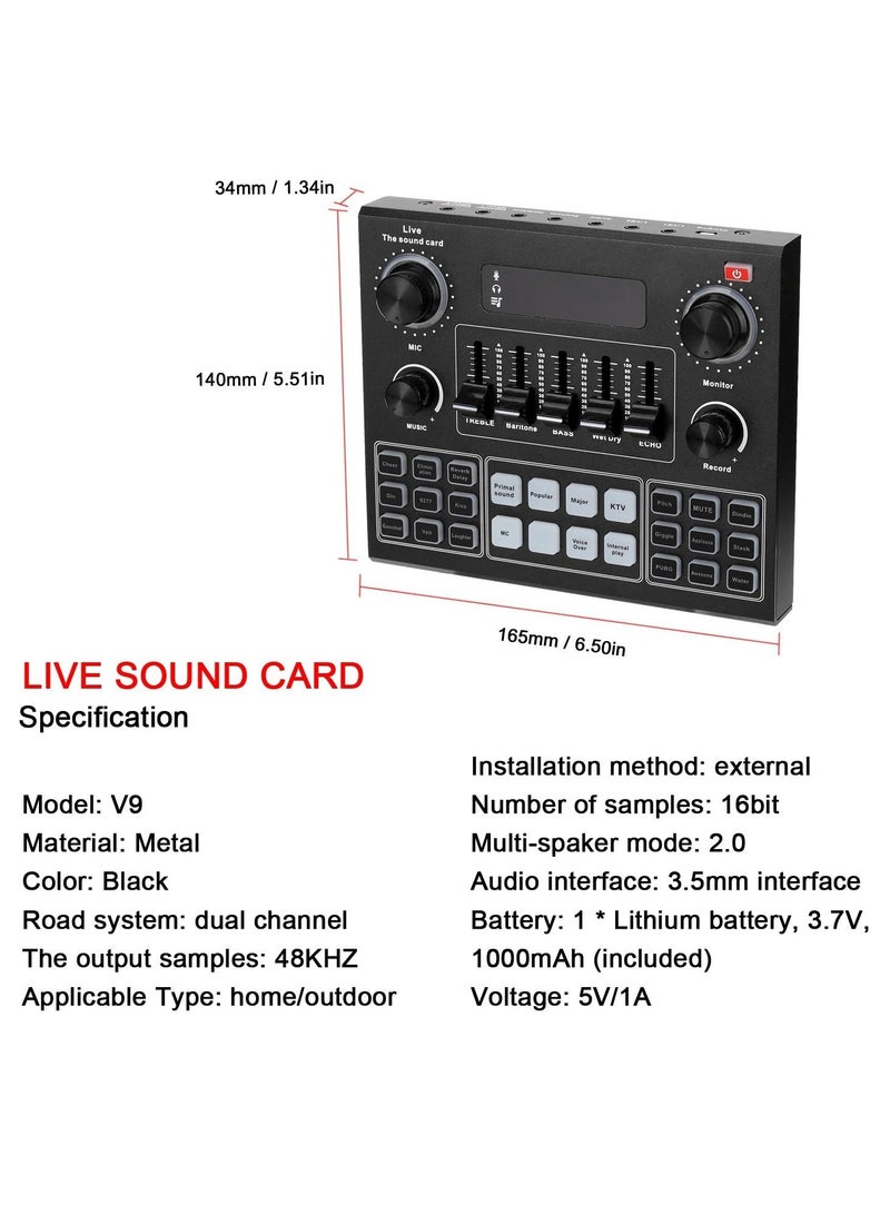 V9 Sound Card & BM800 Pro Microphone Condenser Microphone Capacitor Recording Microphone Audio Interface Studio Stereo Live Streaming Sound Card