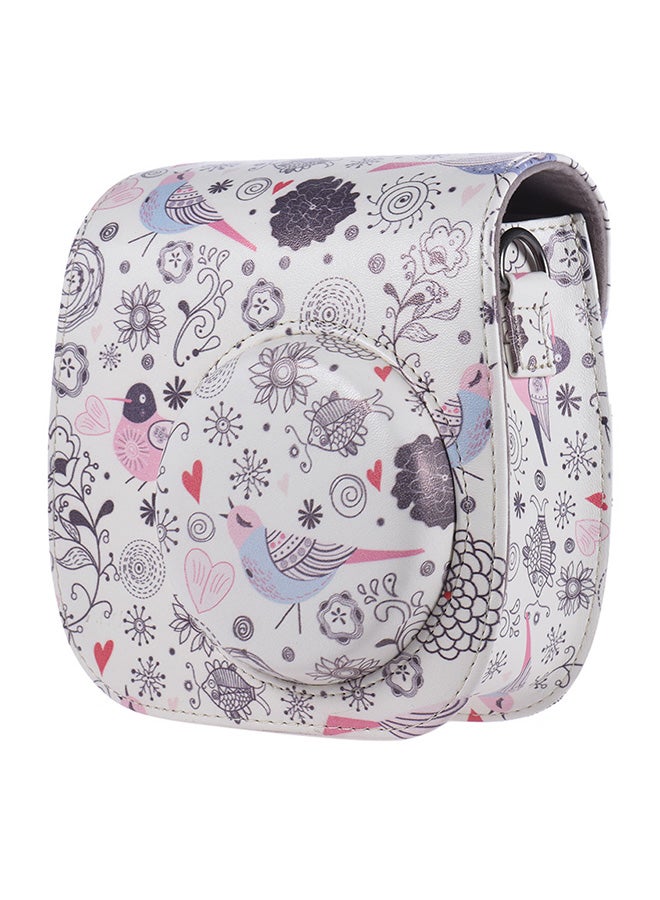 Bird Pattern PU Leather Protective Camera Bag With Shoulder Strap White/Pink/Black