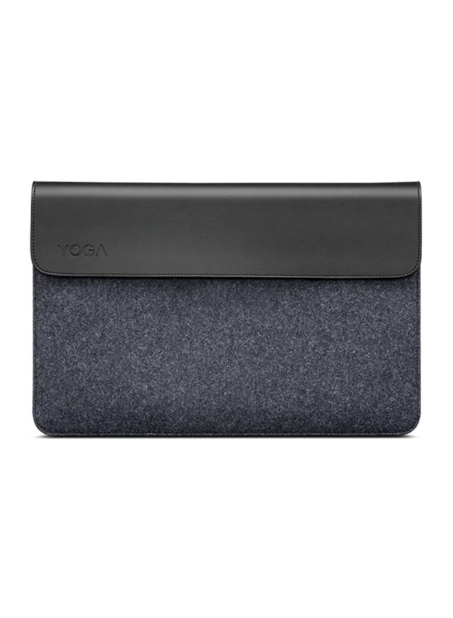 Yoga Laptop Sleeve for 14-Inch Computer, Leather and Wool Felt, Magnetic Closure, Accessory Pocket Grey/Black