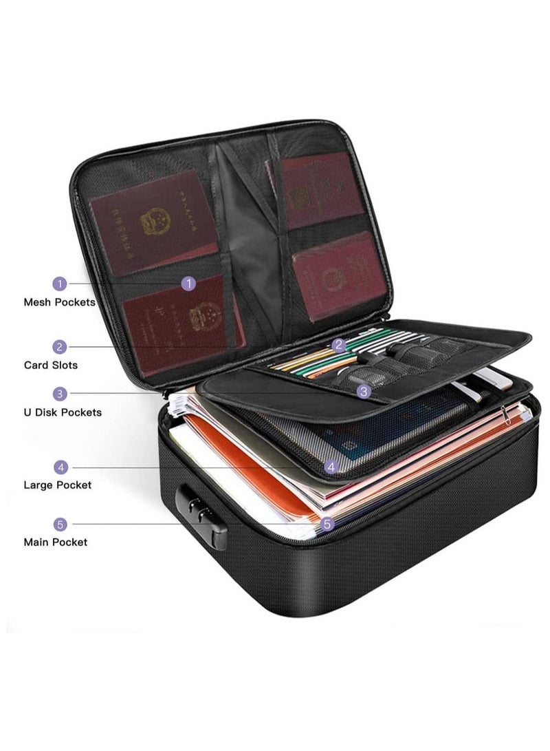 Fireproof Documents Bag with Lock Zipper Closure, Fire & Water Resistant, Multi-Layer Portable File Organizer Storage Bag for Money Cards Passport Certificates Home Office Travel (Black)