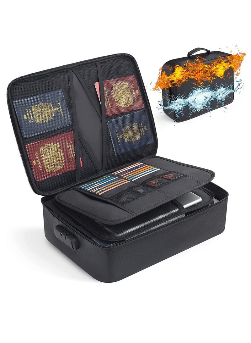 Fireproof Documents Bag with Lock Zipper Closure, Fire & Water Resistant, Multi-Layer Portable File Organizer Storage Bag for Money Cards Passport Certificates Home Office Travel (Black)