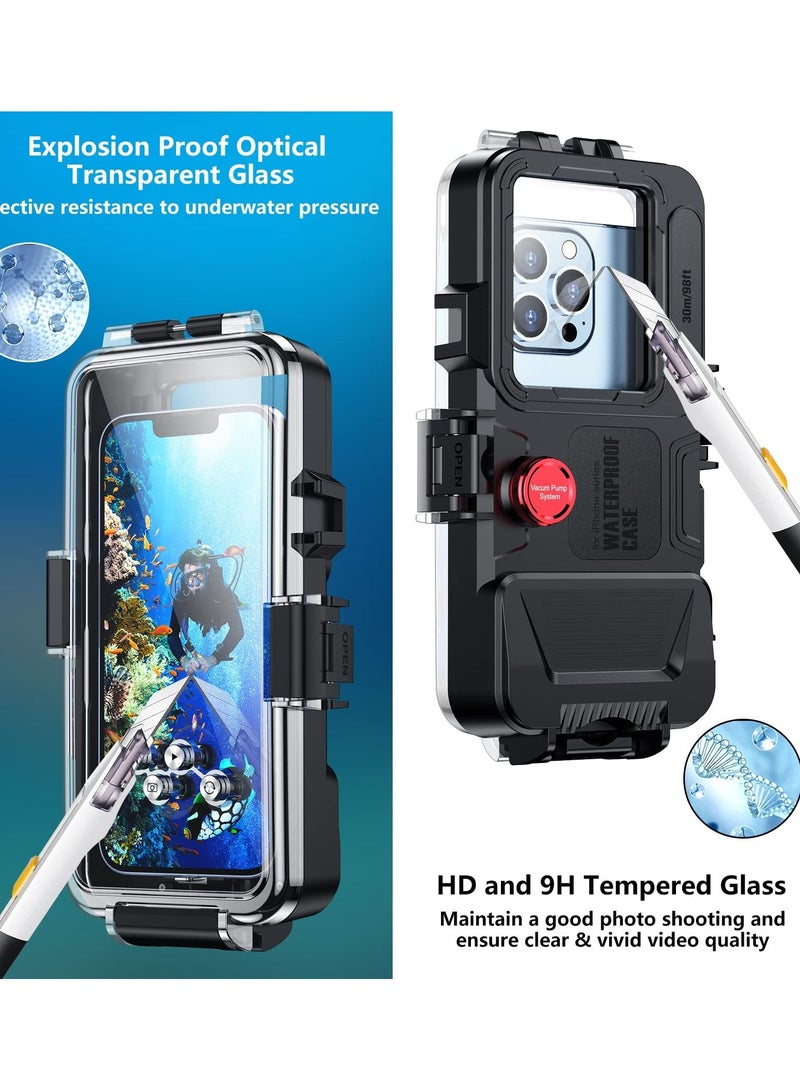 Diving Phone Case Only for iPhone Series, Snorkeling Underwater Case 98FT/30M Photo Video,Waterproof Housing for iPhone 14/Pro/Pro Max/13/12/11 with Lanyard Black