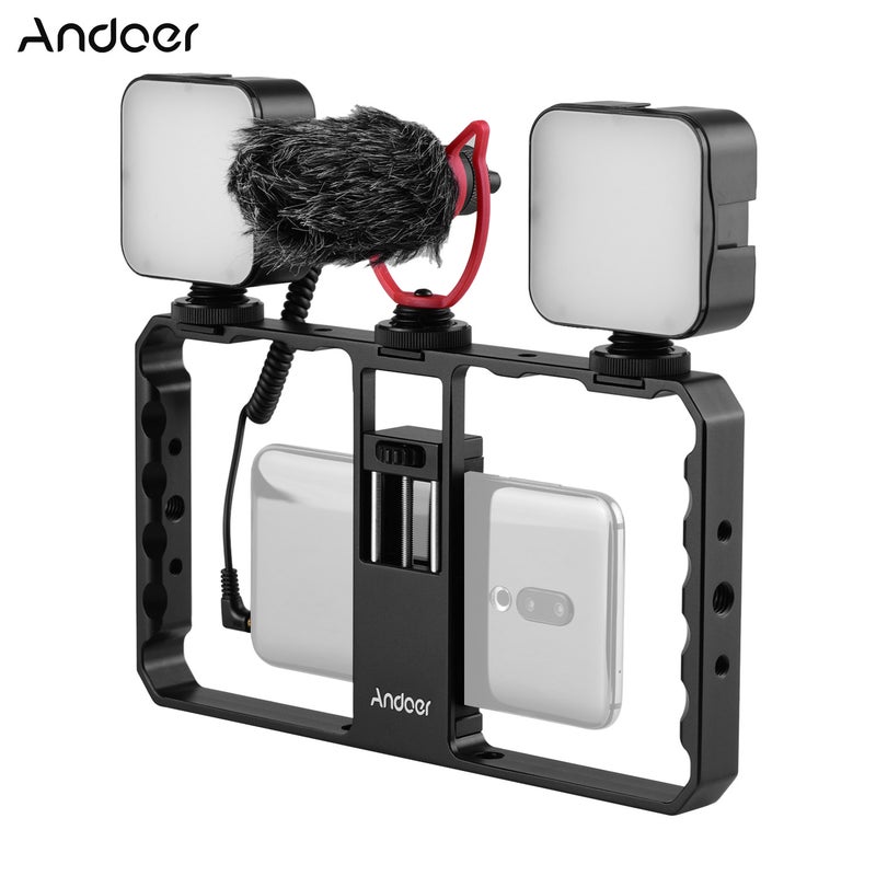 Smartphone Video Rig Grip With Dual LED Light Microphone And Shock Mount Black