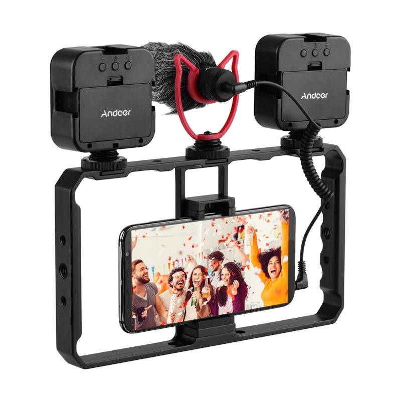 Smartphone Video Rig Grip With Dual LED Light Microphone And Shock Mount Black