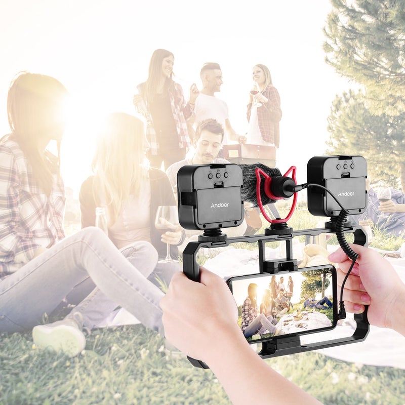 Smartphone Video Rig Grip With Dual LED Light Microphone And Shock Mount Black