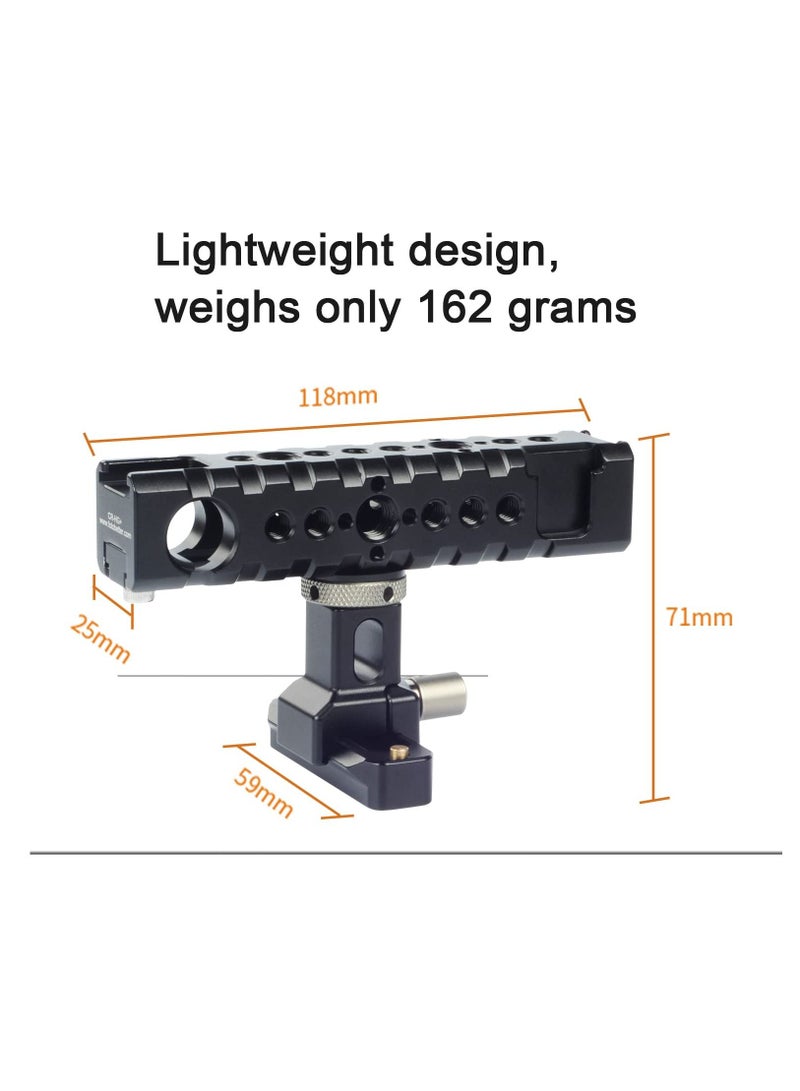 Camera Cage Top Handle Grip Quick Release NATO Rail Top Handle with Cold Shoe Arri Locating Hole 15mm Rod Clamp NATO Safety Rail for Video Camera Cage Rig Camcorder Light Microphones