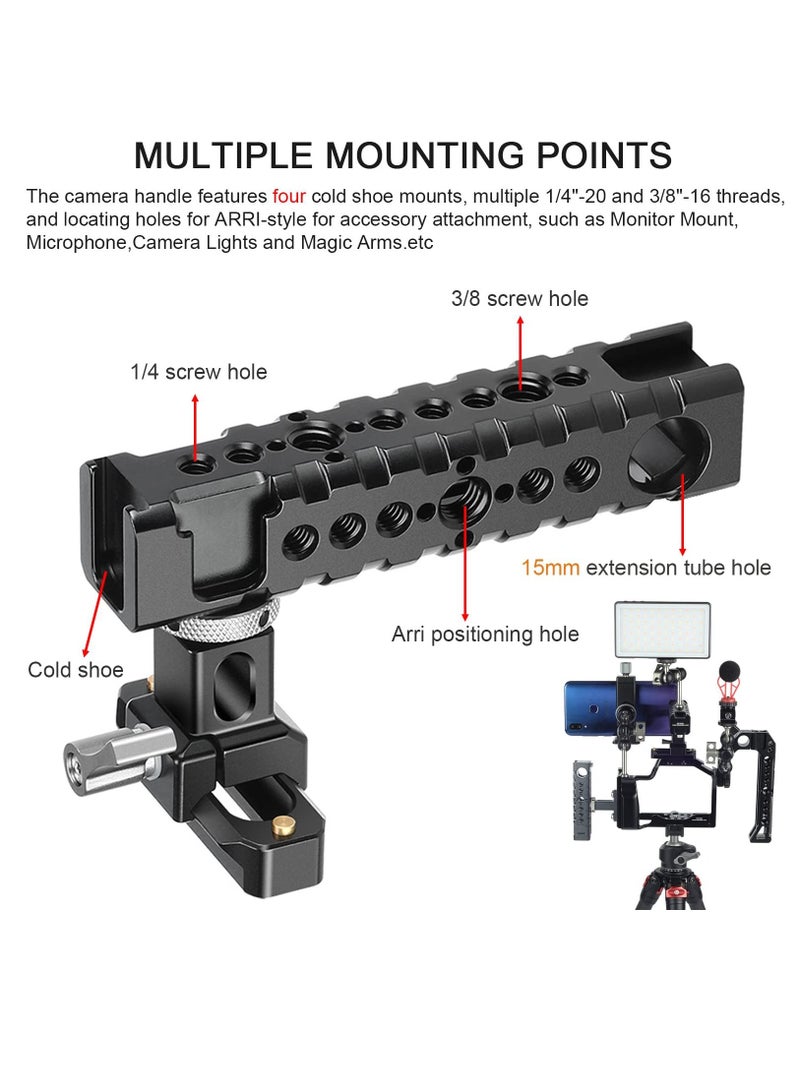 Camera Cage Top Handle Grip Quick Release NATO Rail Top Handle with Cold Shoe Arri Locating Hole 15mm Rod Clamp NATO Safety Rail for Video Camera Cage Rig Camcorder Light Microphones