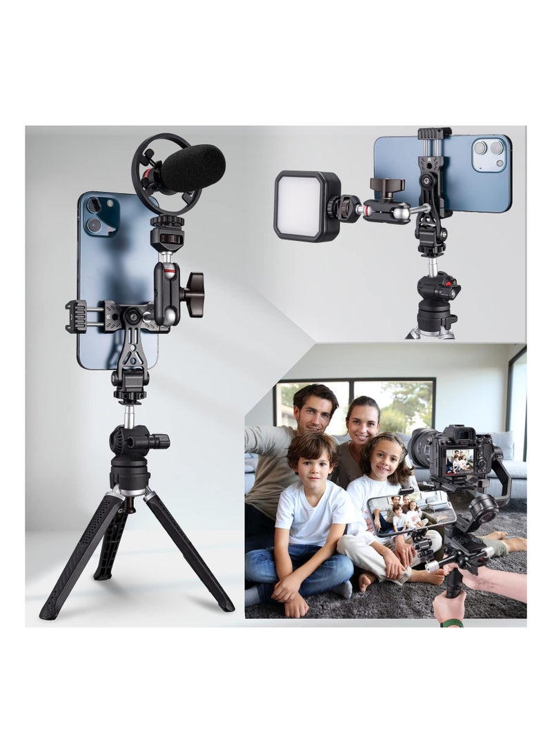 Safe Metal Phone Tripod Mount Double Cold Shoe Hot Holder 360° Adjustable Adapter for iPhone Smartphone DSLR Camera Cage Gimbal Stabilizer Vlog