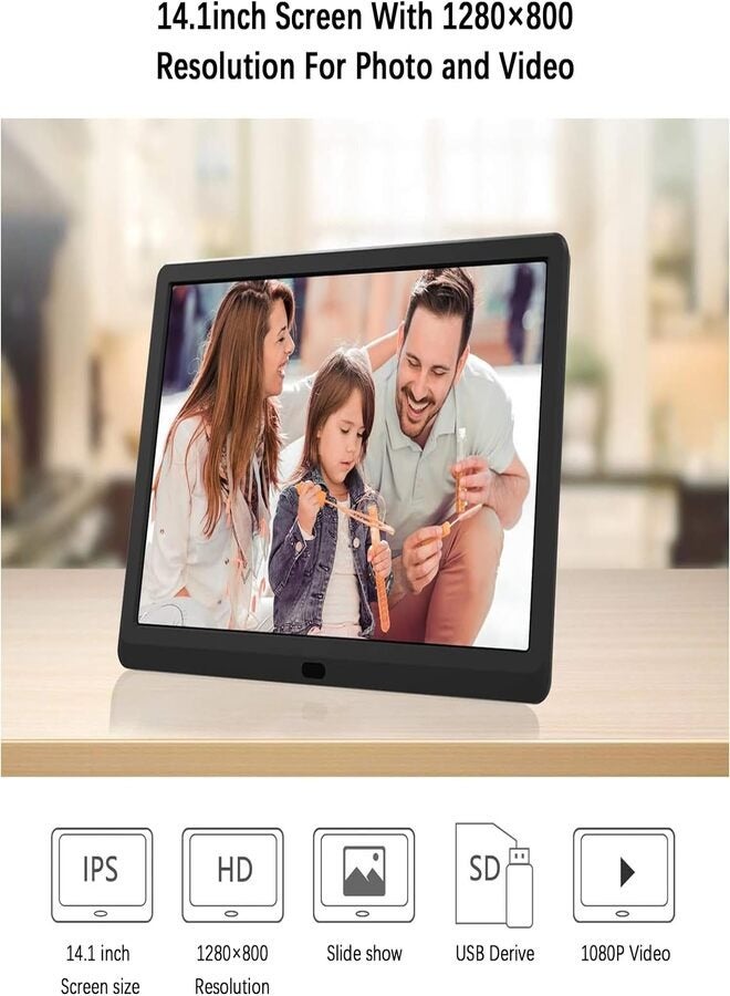 14 Inch Smart Digital Frame, 1280x800P with Remote Control, 1080P High Resolution Video Playback, Auto On/Off Timer, Easy Plug, Play for All Ages, Black