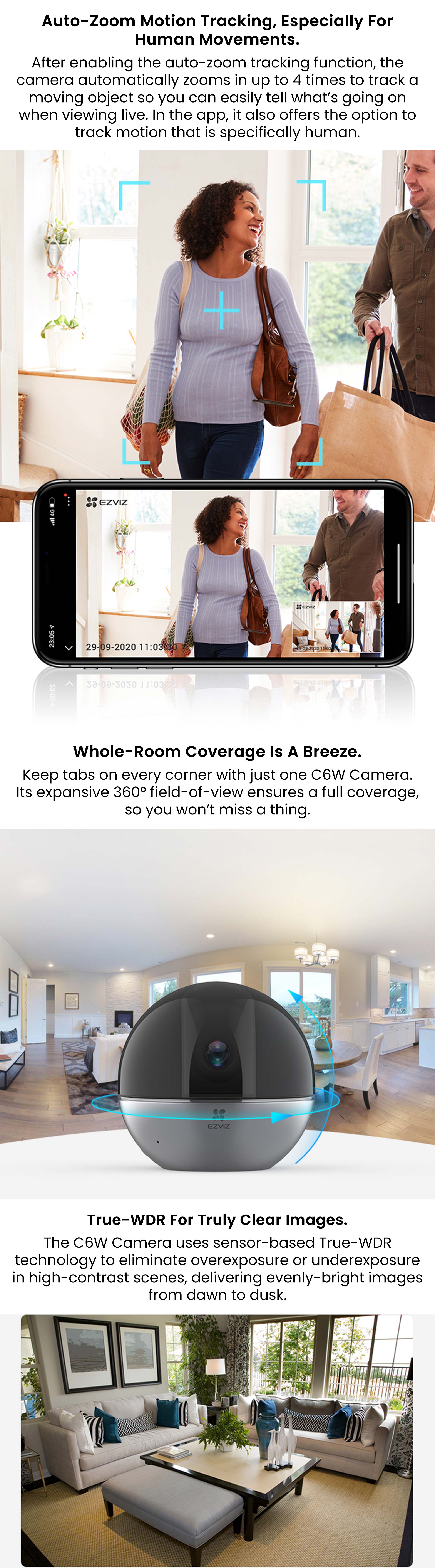 C6W Pan & Tilt Wi-Fi Camera 4MP 4mm (83°), 360° Panoramic View, 2K Resolution, Privacy Shutter, MicroSD Card up to 256 GB, Auto-Zoom Tracking, True-WDR, Two-Way Talk, EZVIZ Cloud Play Storage, Person Detection, Infrared Night Vision up to 10m (33 ft.) - CS-C6W-A0-3H4WF Black