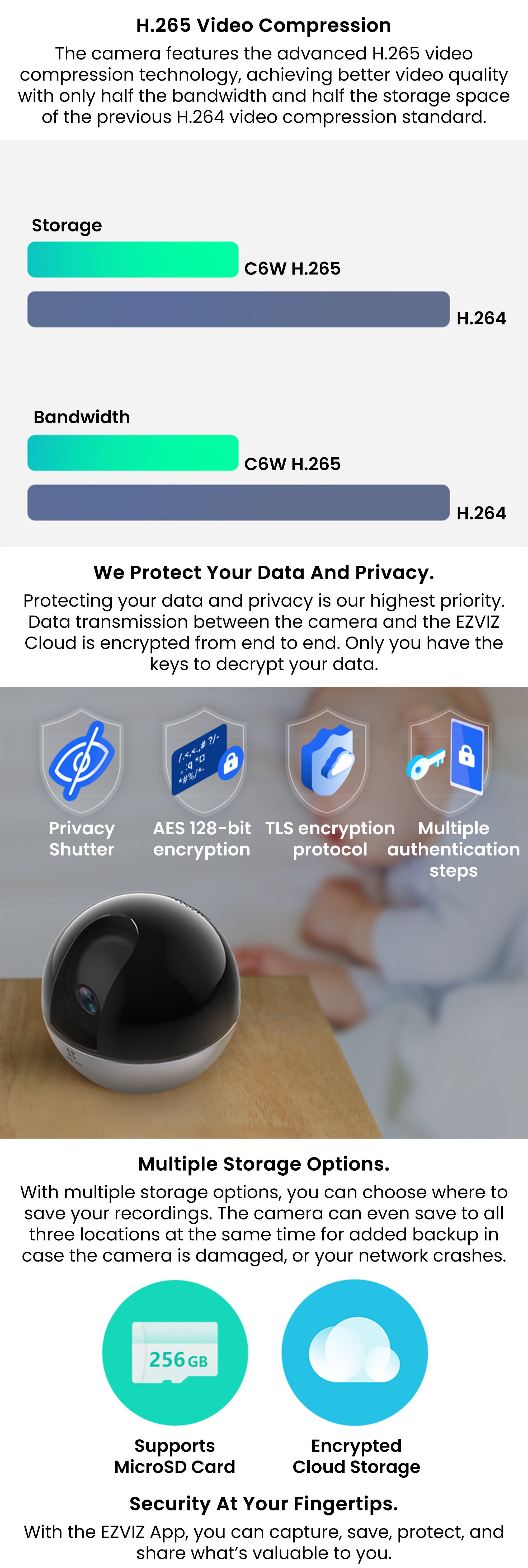 C6W Pan & Tilt Wi-Fi Camera 4MP 4mm (83°), 360° Panoramic View, 2K Resolution, Privacy Shutter, MicroSD Card up to 256 GB, Auto-Zoom Tracking, True-WDR, Two-Way Talk, EZVIZ Cloud Play Storage, Person Detection, Infrared Night Vision up to 10m (33 ft.) - CS-C6W-A0-3H4WF Black