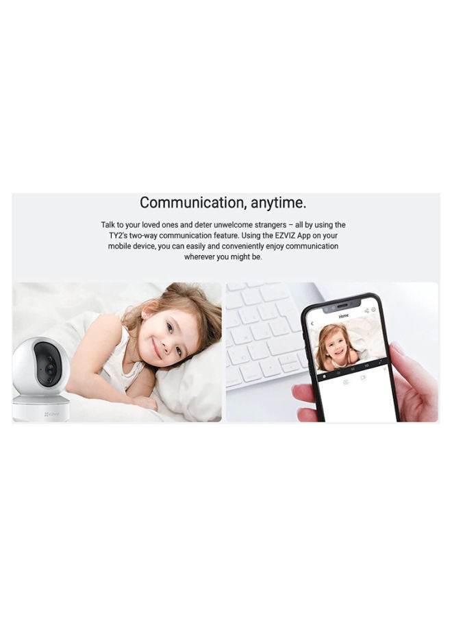 TY2 Smart Indoor Wi-Fi Camera FHD 1080 - Motorized Pan and Tilt 360° Visual Coverage, Smart Night Vision with Smart IR (up to 10m), Sleep Mode for Privacy Protection, Motion Detection, Smart Tracking, Two-way Talk, MicroSD Slot (up to 256 GB)