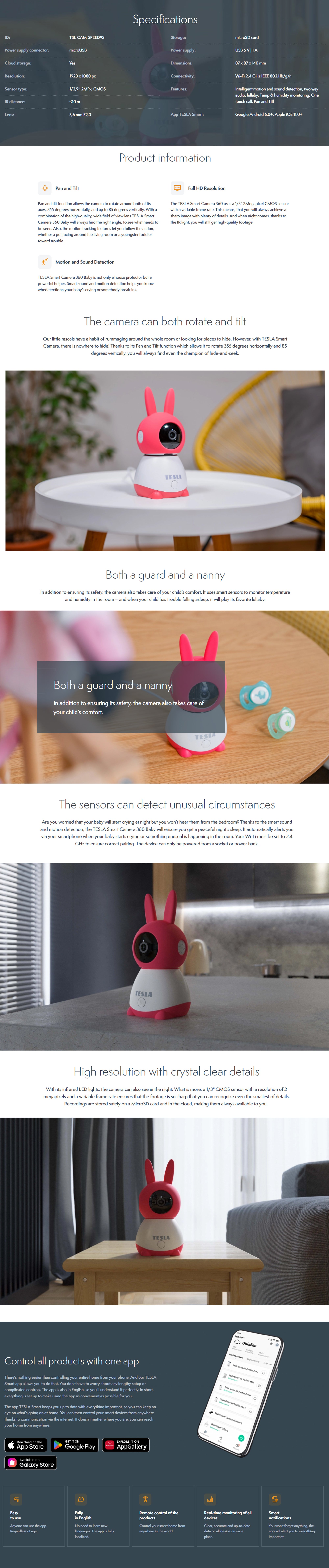 Smart 360 Degree Baby Camera with Motion & Sound Detection & HD Resolution & Tesla Home App - Grey