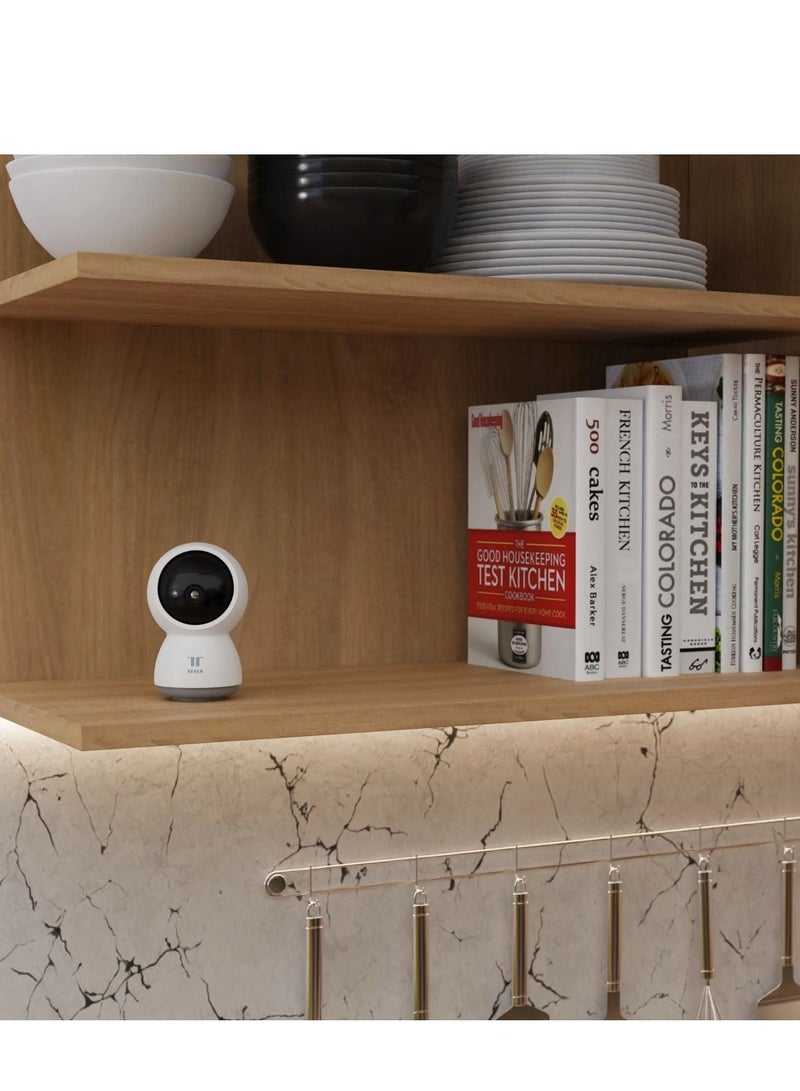 Smart 360 Degree Security Camera with Automatic Motion Tracking & Two-Way Communication & Tesla Home App - White