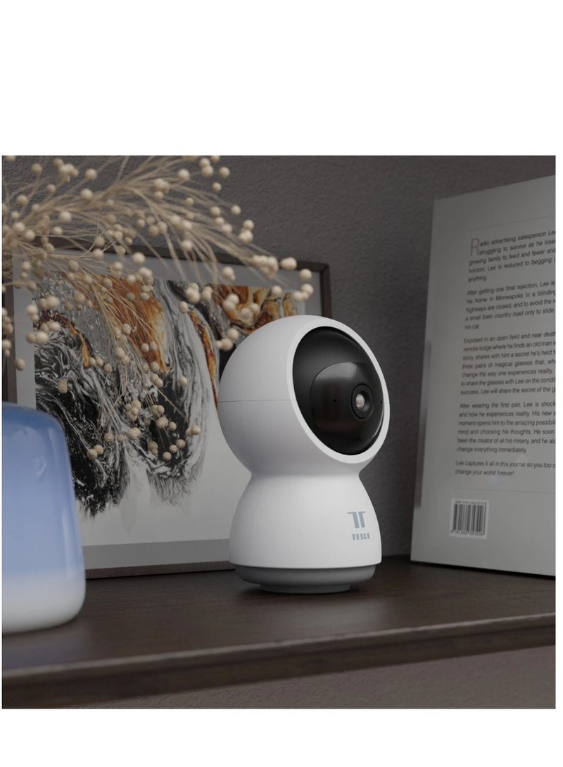 Smart 360 Degree Security Camera with Automatic Motion Tracking & Two-Way Communication & Tesla Home App - White