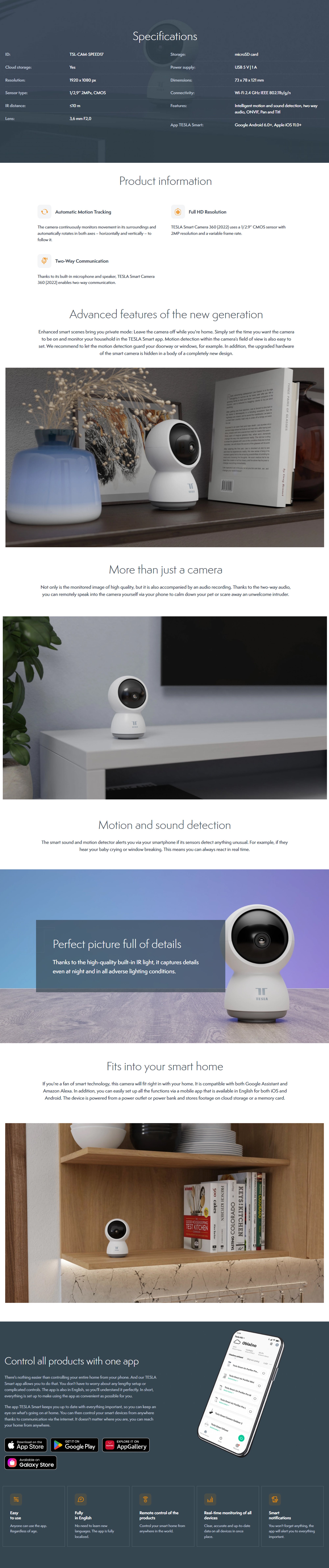 Smart 360 Degree Security Camera with Automatic Motion Tracking & Two-Way Communication & Tesla Home App - White