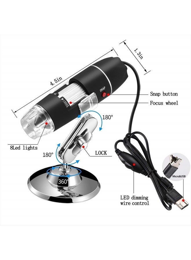 40 to 1000x Magnification Endoscope, 8 LED USB 2.0 Digital Microscope, Mini Camera with OTG Adapter and Metal Stand, Compatible with Mac Windows 7 8 10 11 Android Linux