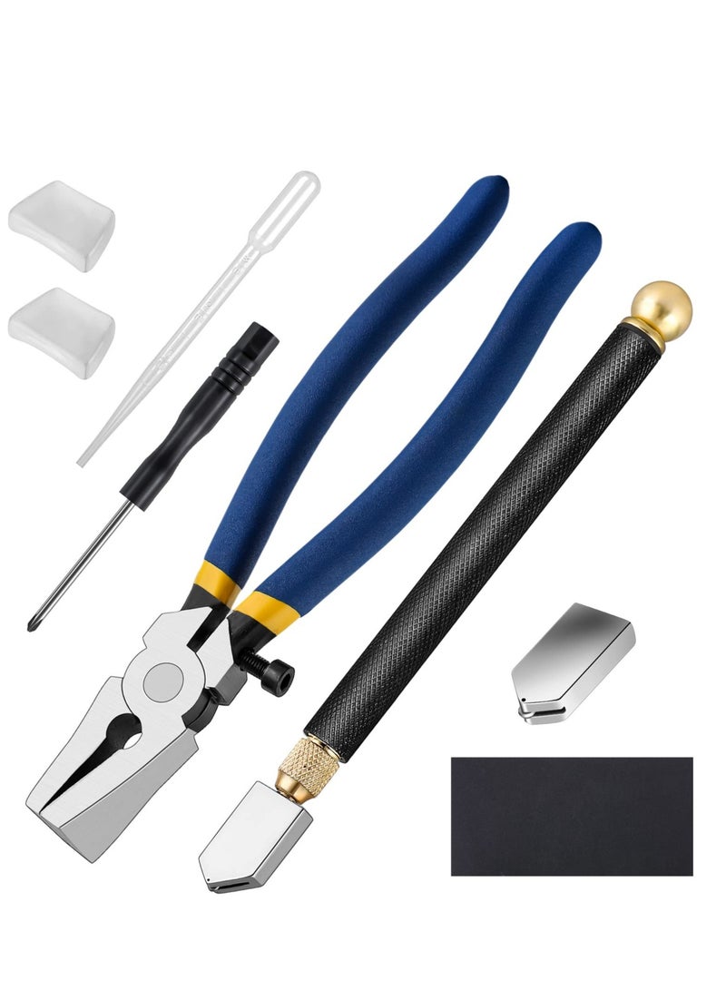 Professional Glass Cutter Tool Kit Heavy Duty Glass Running Pliers and Pencil Style Glass Cutters Tools,Professional Stained Glass Cutting Tool with Replaceable Head for Mosaic Tiles