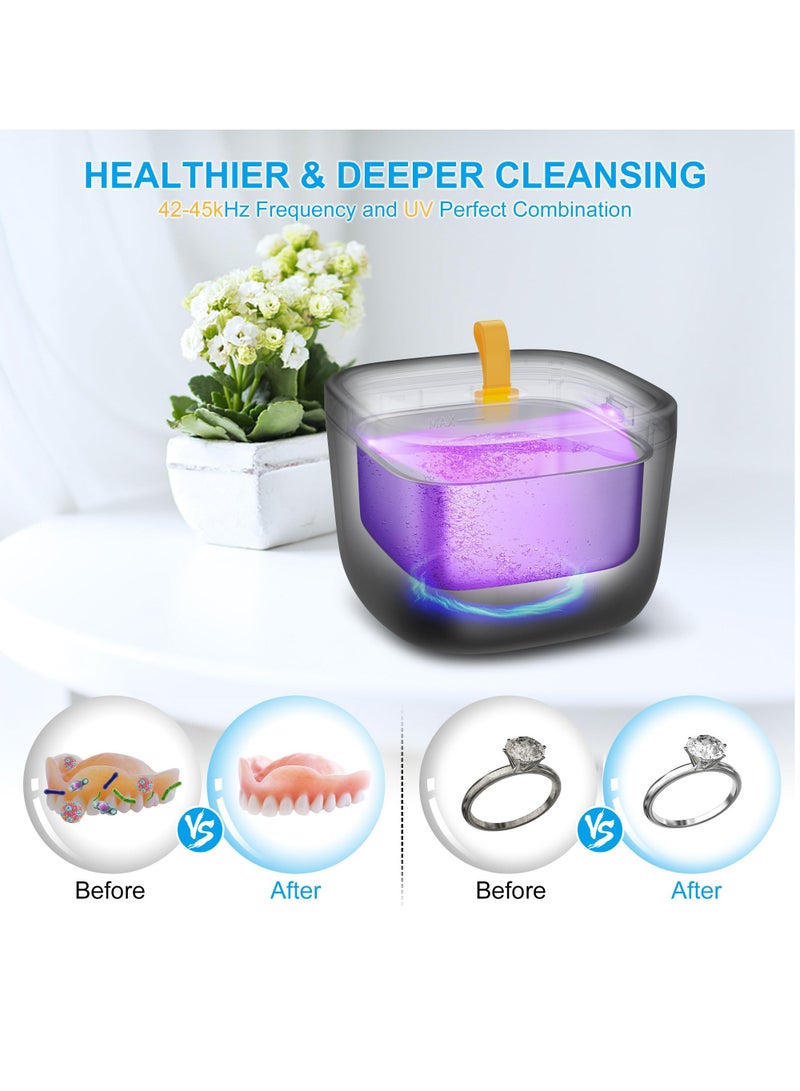 Ultrasonic Cleaner for Retainer, Denture, Mouth Guard, Aligner, Whitening Tray, Toothbrush Head, 43kHz 255ML Ultrasonic Retainer Cleaner Machine, UV Ultrasonic Jewelry Cleaner for Ring Diamond