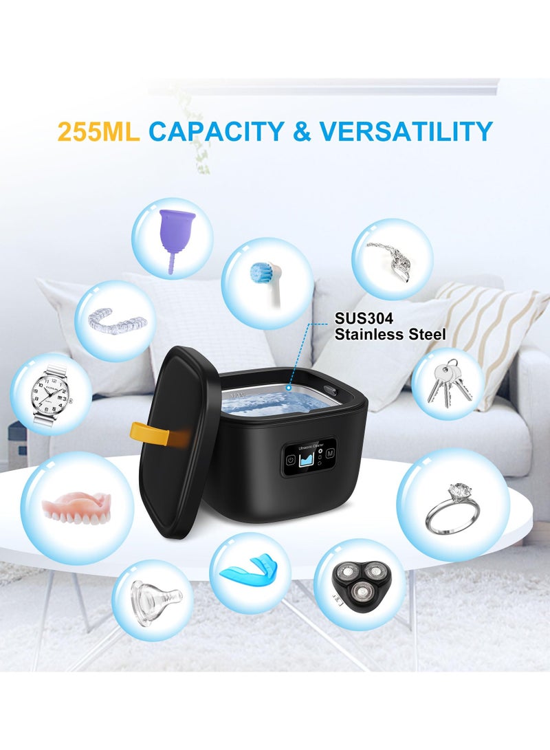 Ultrasonic Cleaner for Retainer, Denture, Mouth Guard, Aligner, Whitening Tray, Toothbrush Head, 43kHz 255ML Ultrasonic Retainer Cleaner Machine, UV Ultrasonic Jewelry Cleaner for Ring Diamond