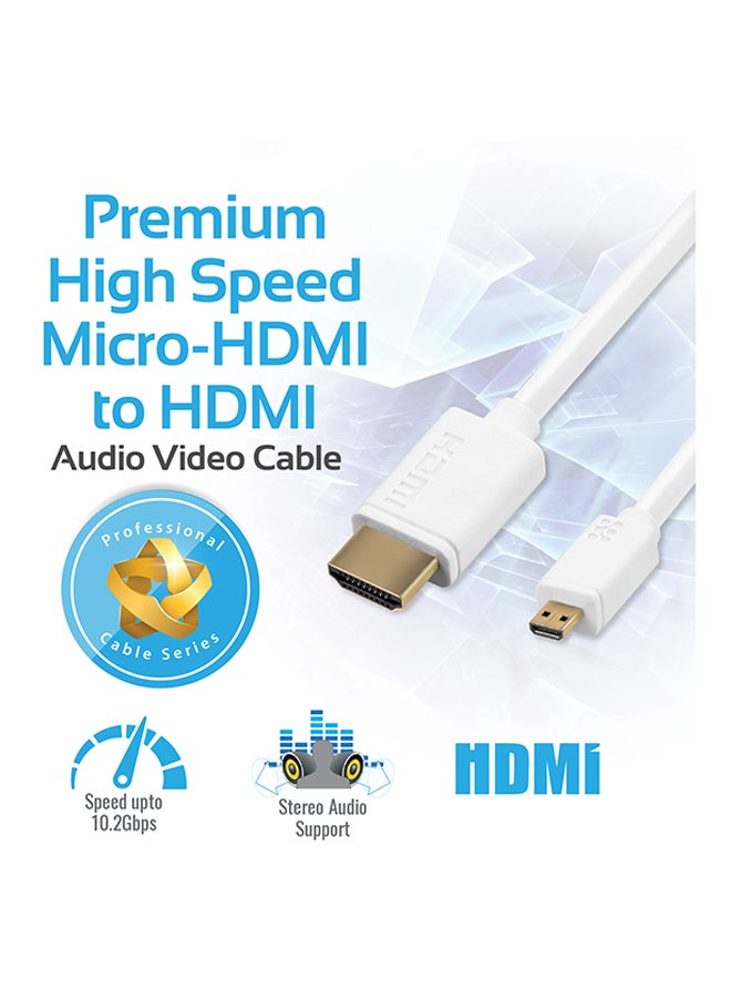 24K Gold Plated Micro-HDMI To HDMI Audio Video Cable White