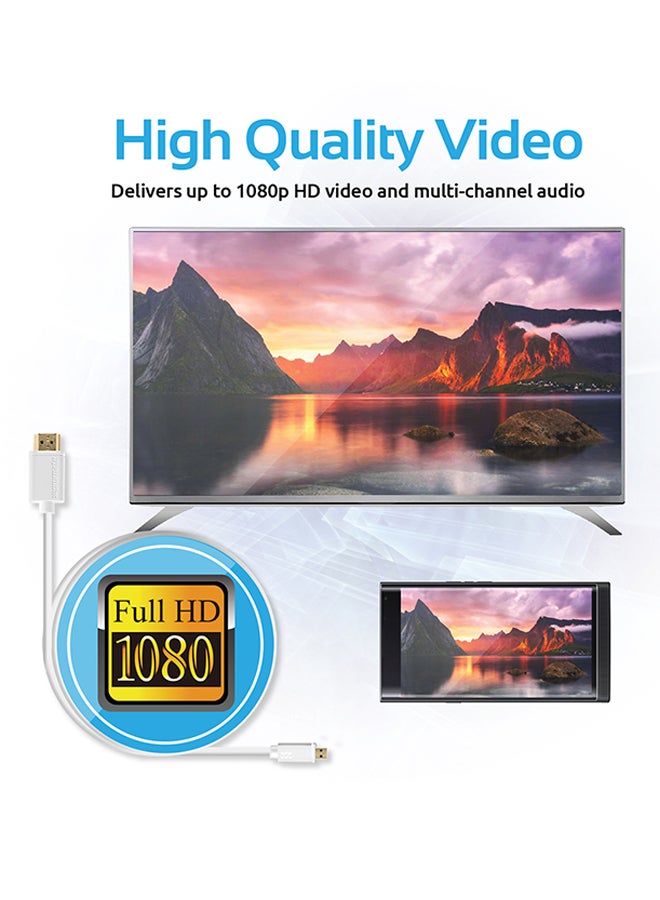 24K Gold Plated Micro-HDMI To HDMI Audio Video Cable White