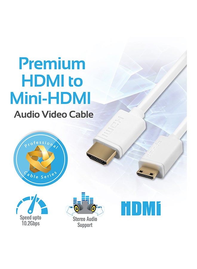 High Speed Premium 24K Gold Plated HDMI To Mini-HDMI Cable With PVC Coated Copper White
