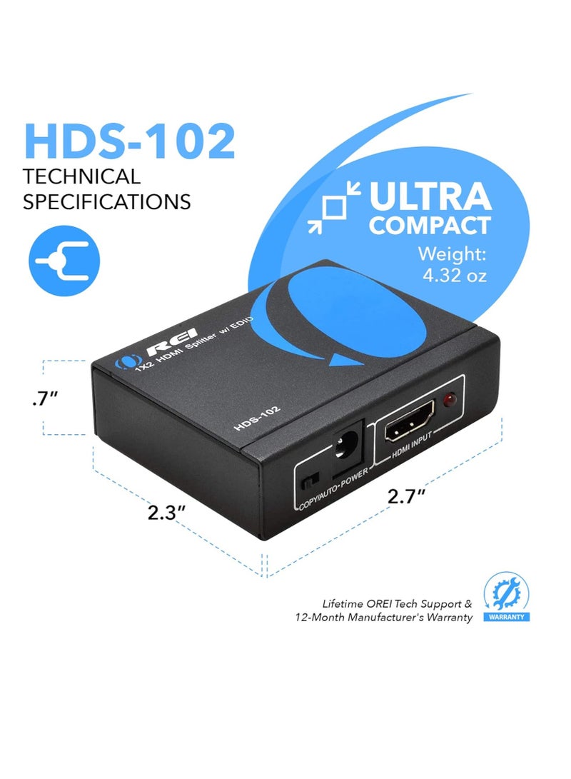 4K 1 in 2 Out HDMI Splitter Ultra HD 4K @ 30 Hz 1x2 V. 1.4 HDCP Power HDMI Supports 3D Full HD 1080P for Xbox PS4 PS3 Fire Stick Blu Ray Apple TV HDTV Adapter Included