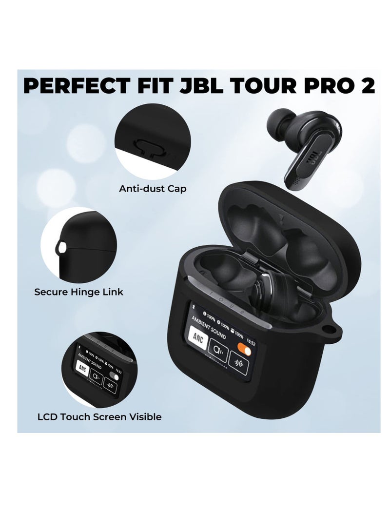 Headphone Case, Silicone Case, Silicone Case Compatible with JBL Tour Pro 2, Shock Resistant Soft with Keychain, LCD Touch Screen Visible, Black