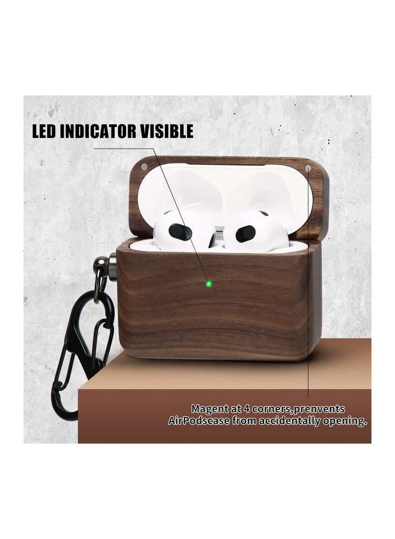 Wood Case for Airpod 3 , Full-Body Protective Case Wooden Cover with Carabiner Handcrafted Case Wooden Earbud Case Stylish Protector Case with Hook Stylish Holder for AirPods 3 2021