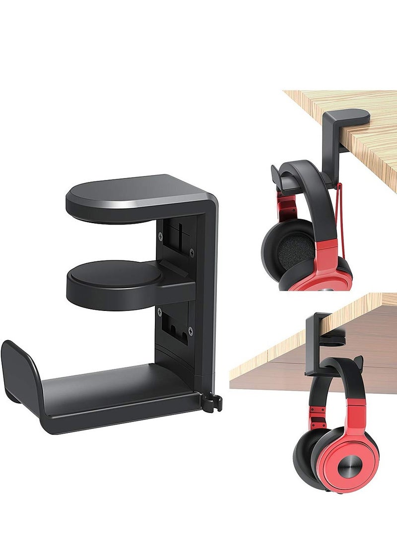 Gaming Headphone & Controller Holder, 3-in-1 PC Headphones Hanger Adjustable & Rotating Arm Clamp, Headphone Stand Under Desk, Universal Headset Controllers Hook (Black)