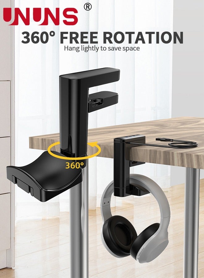 2-in-1 Headphone Stand with USB Hub,PC Gaming Headset Holder-360° Rotation Adjustable Arm Clamp For Controllers And Headphones,3 USB Ports Desk Organizer,PC Gaming Accessories,Black