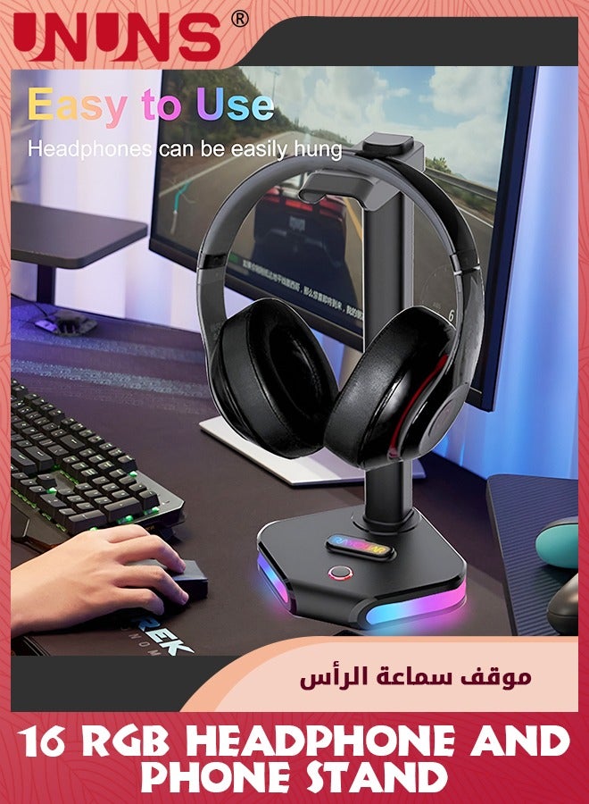 RGB Headphone Stand With USB C,Dorm/Room Desktop Gaming Headset Holder And Phone Stand,Durable Gamer Earphone Hanger Rack With 16 RGB Light Modes,For PC,Gamer Accessories,Black