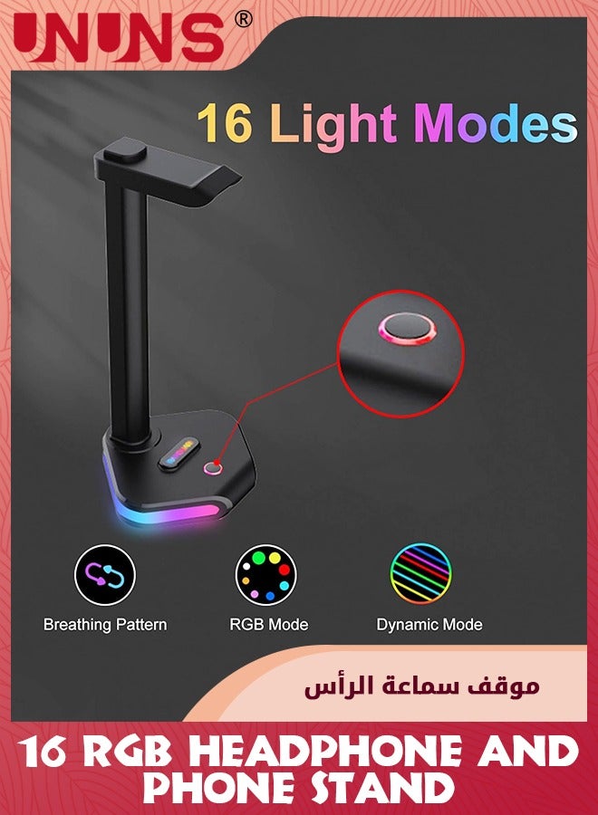 RGB Headphone Stand With USB C,Dorm/Room Desktop Gaming Headset Holder And Phone Stand,Durable Gamer Earphone Hanger Rack With 16 RGB Light Modes,For PC,Gamer Accessories,Black