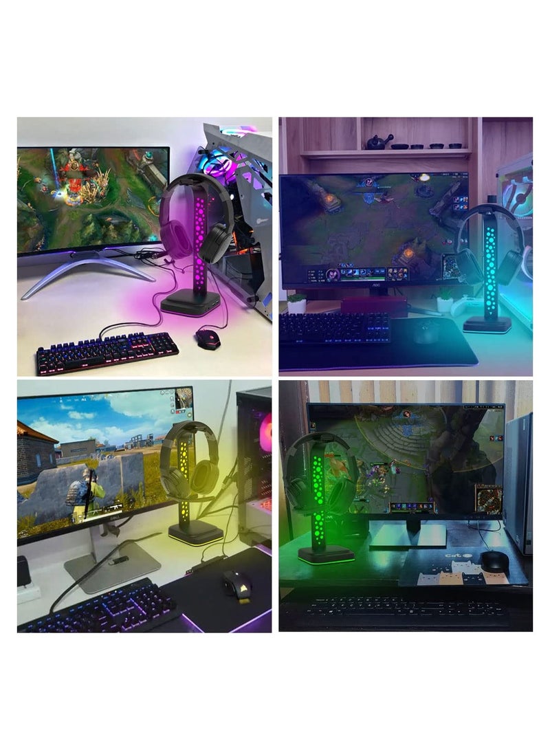 RGB Headphone Stand with 9 Light Modes, Upgraded 5 in 1 Headphone Holder with Type-c Input/3.5mm AUX/USB Output Ports, Gaming Headset Stand with Non-Slip for Earphones Accessories Gamer Gifts