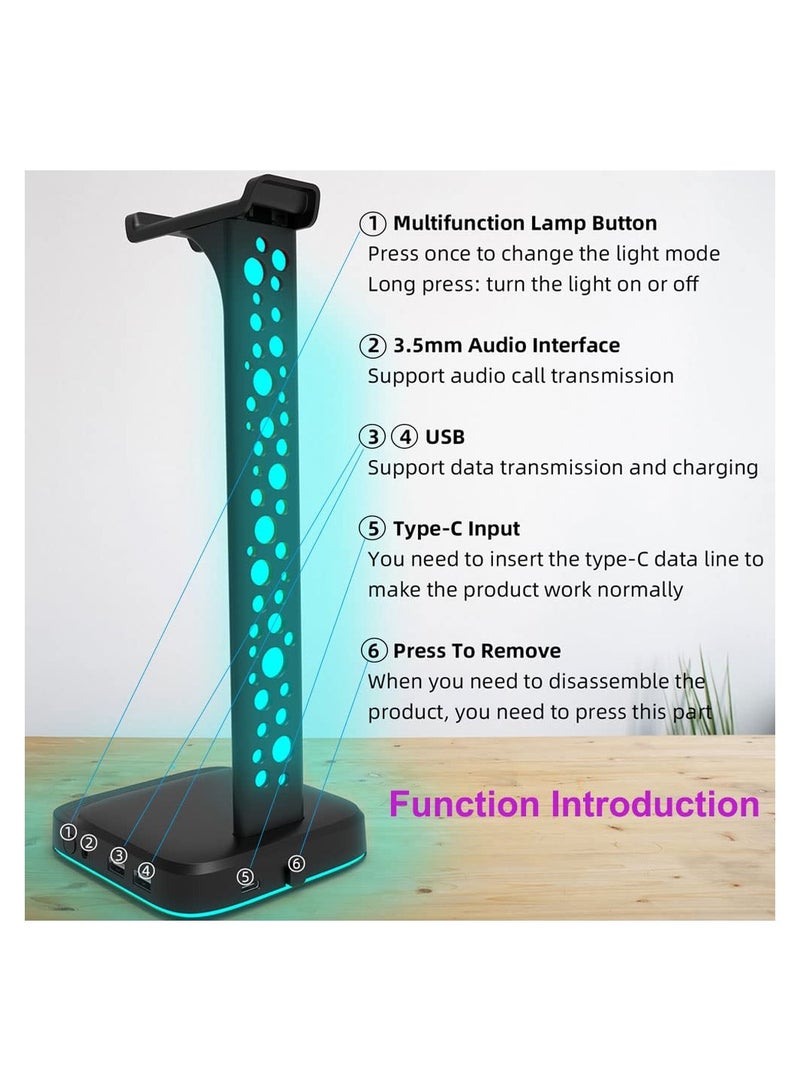 RGB Headphone Stand with 9 Light Modes, Upgraded 5 in 1 Headphone Holder with Type-c Input/3.5mm AUX/USB Output Ports, Gaming Headset Stand with Non-Slip for Earphones Accessories Gamer Gifts