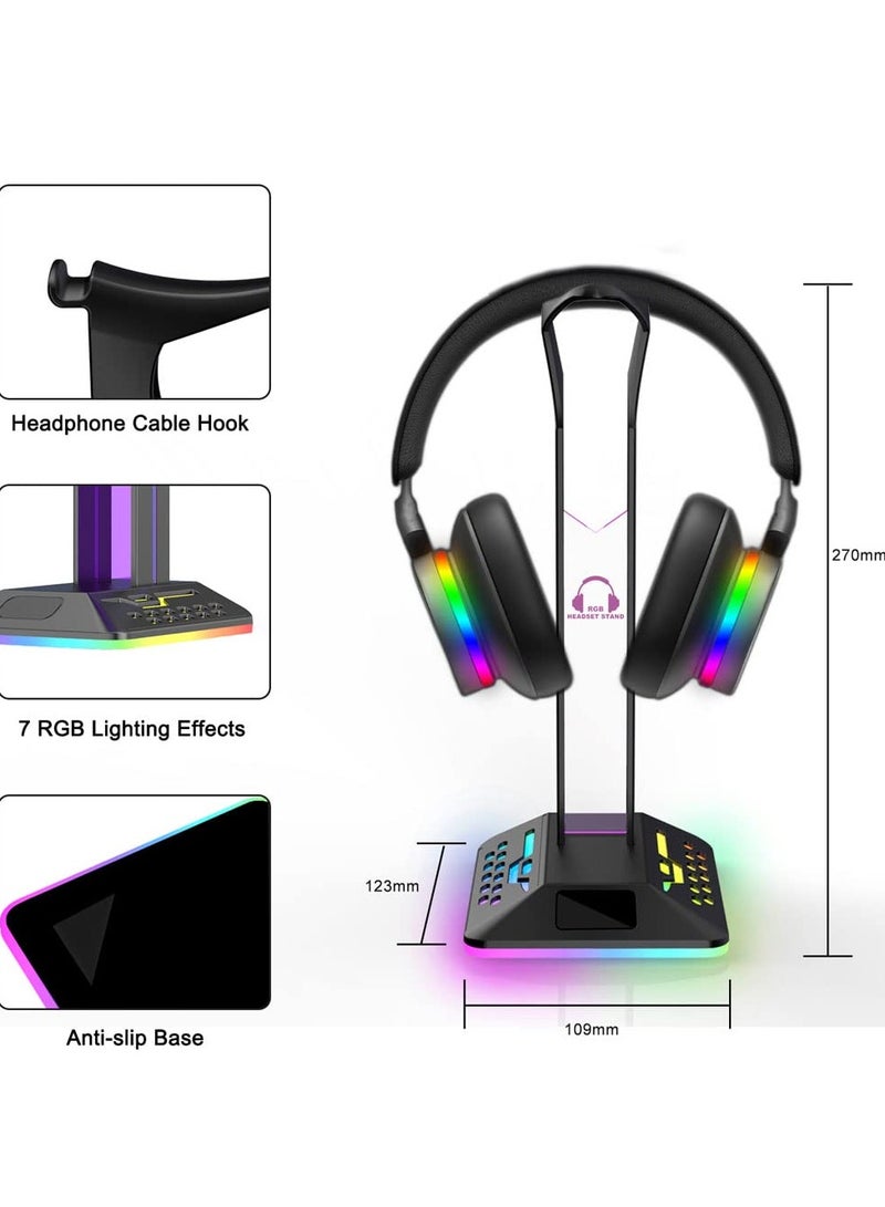 RGB Headphone Stand with 7 Light Modes, Headphone Holder with Type-c Input Port /2 USB Output Ports, Gaming Headset Stand with Non-Slip, Suitable for Gamer Gifts Earphones Accessories